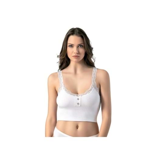 Butik Düğme Detaylı Fitilli Dantelli Kadın Crop Atlet Kaşkorse Çıkarılabilir Pedli
