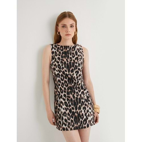 Leopar Desenli Elbise Mini Bisiklet Yaka Kolsuz
