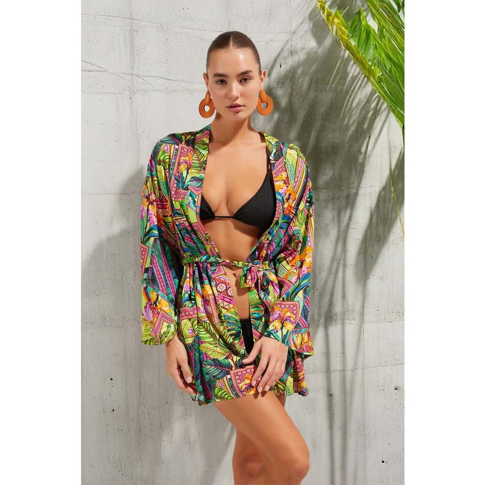 Trendyolmilla Tropikal Desenli Dokuma Plaj Mini Kuşaklı Kimono&Kaftan TBESS25KM00002