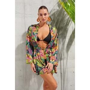 Trendyolmilla Tropikal Desenli Dokuma Plaj Mini Kuşaklı Kimono&Kaftan TBESS25KM00002