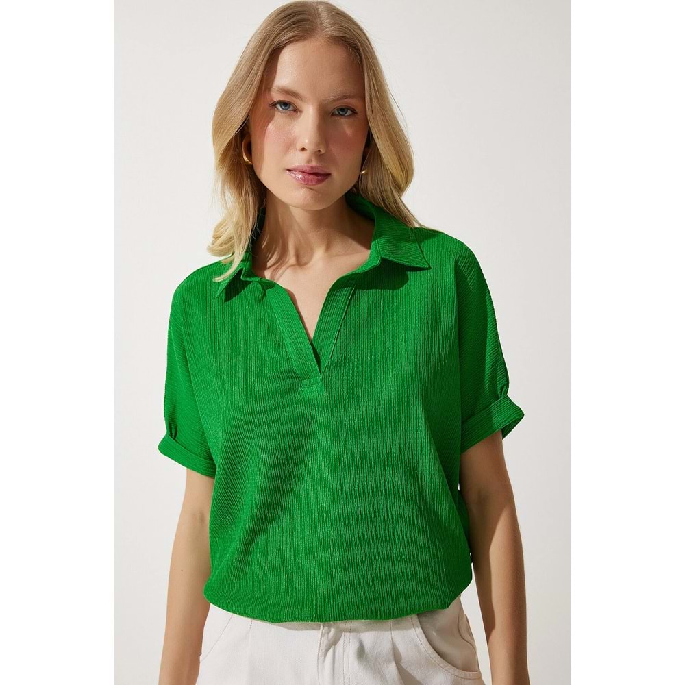 Happiness İstanbul Kadın Polo Yaka Örme Krinkıl Bluz DD01299