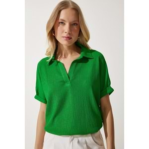 Happiness İstanbul Kadın Polo Yaka Örme Krinkıl Bluz DD01299