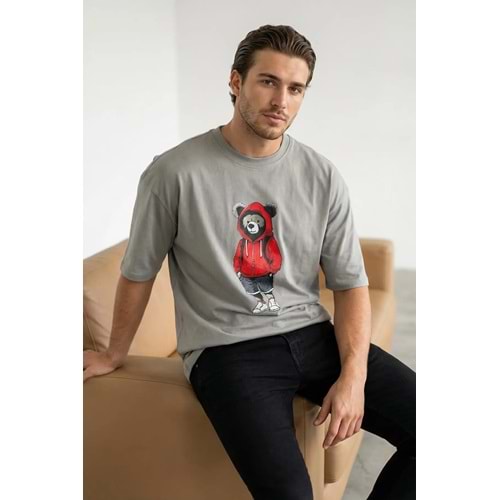 Trendyolmilla Man Gri Unisex Oversize/Geniş Kesim Ayıcık Baskılı Tişört