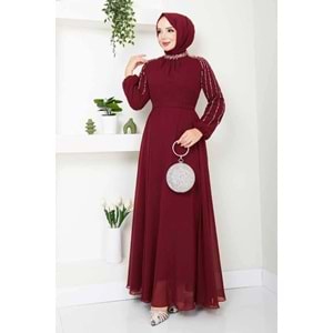Kolları İşlemeli Abiye Açık Bordo