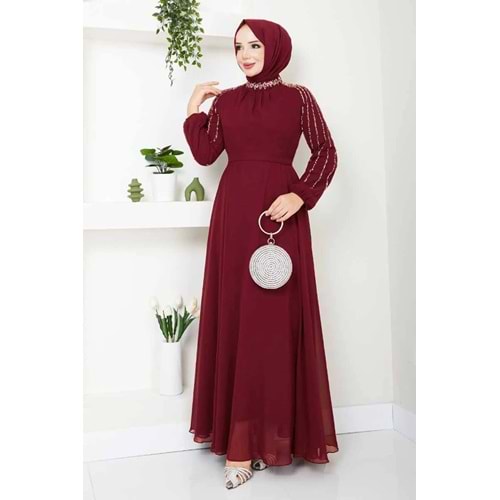 Kolları İşlemeli Abiye Açık Bordo