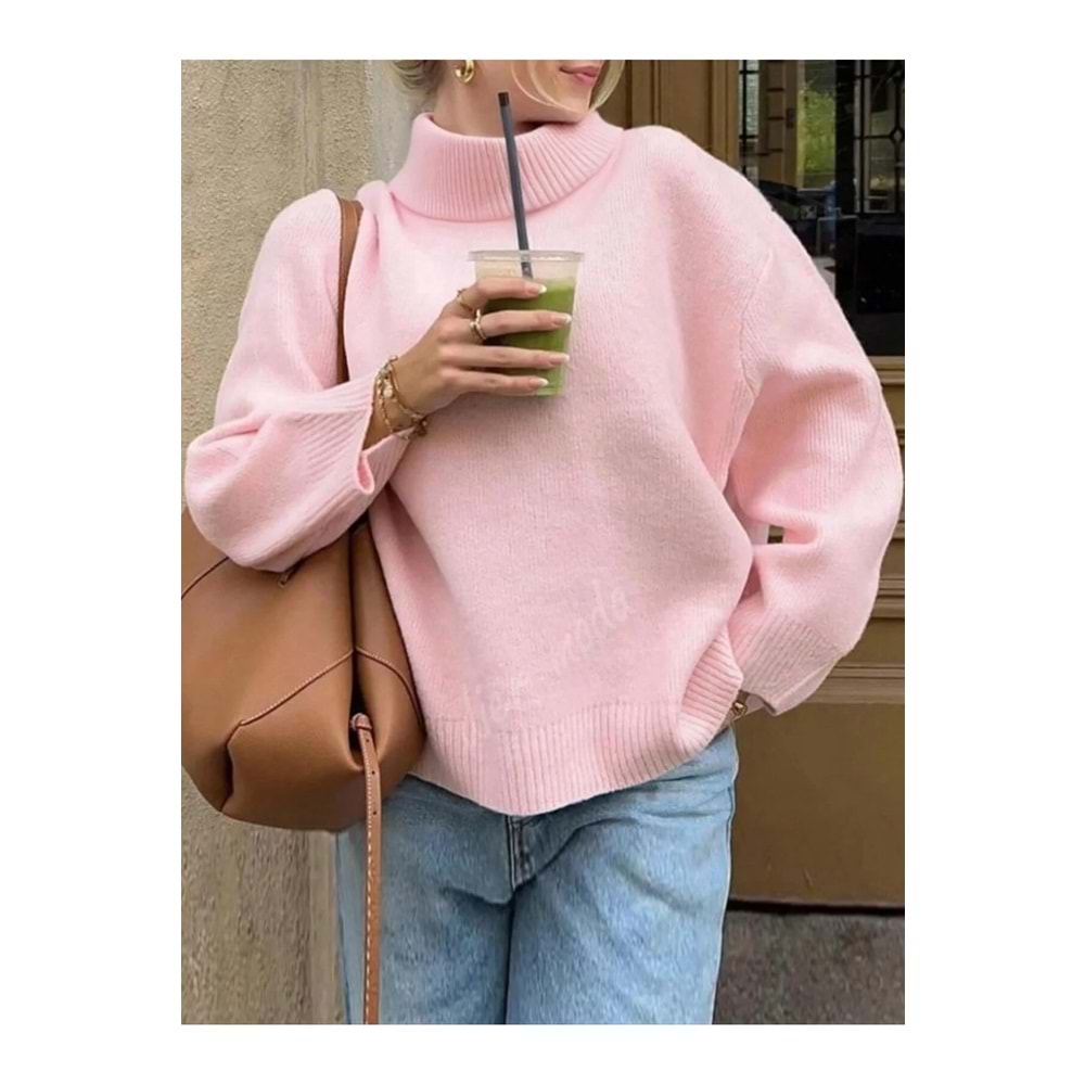 Pembe Balıkçı Yaka Oversize Triko Kazak