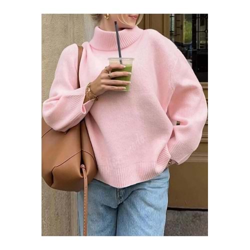 Pembe Balıkçı Yaka Oversize Triko Kazak
