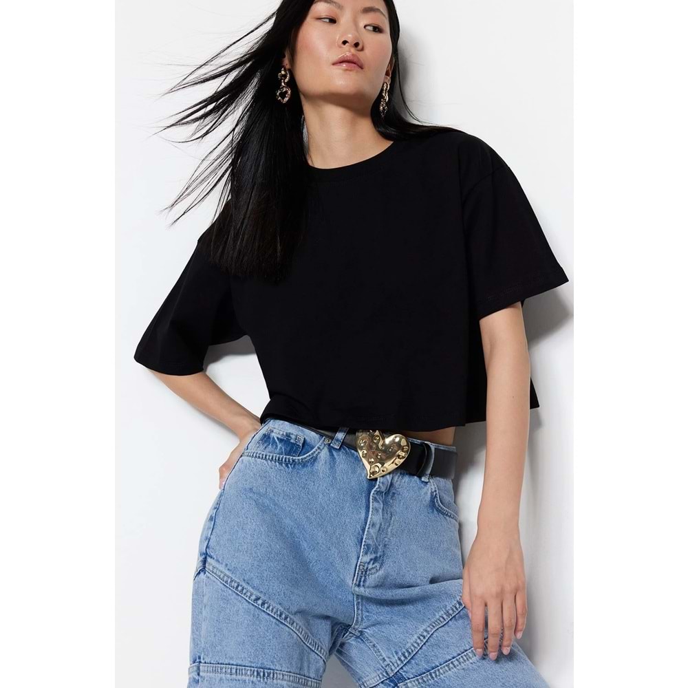 Trendyolmilla Siyah Rahat Kalıp %100 Kalın Pamuklu Crop Örme