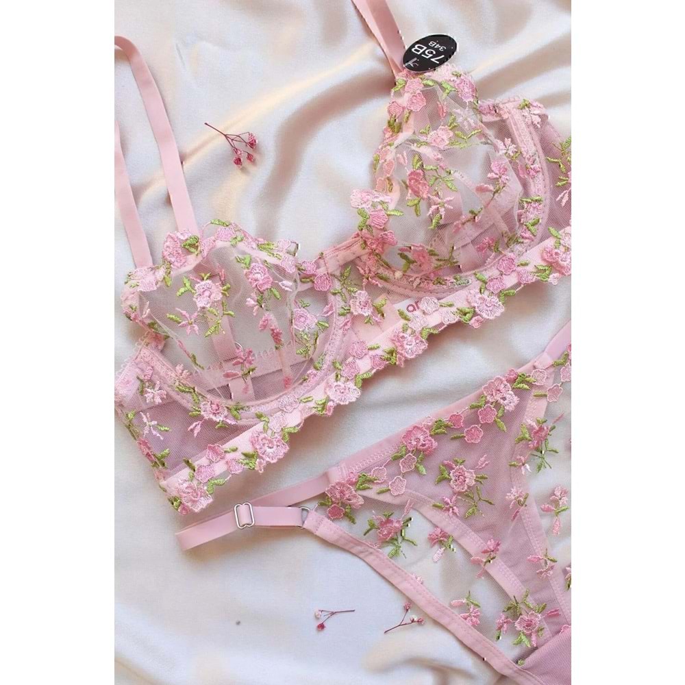 Çiçek Brode Işlemeli Balenli Tanga Sütyen Takımı, Transparan Bralet Çeyiz Set Pembe