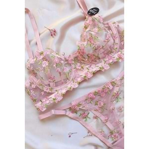 Çiçek Brode Işlemeli Balenli Tanga Sütyen Takımı, Transparan Bralet Çeyiz Set Pembe