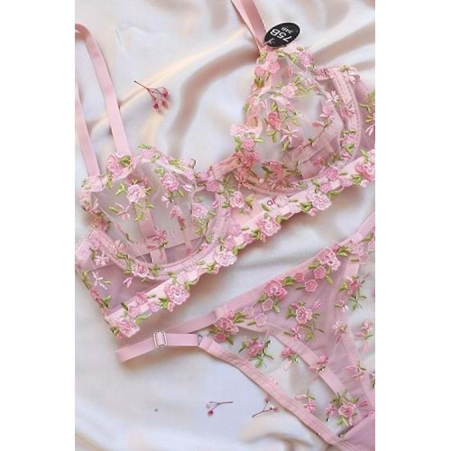 Çiçek Brode Işlemeli Balenli Tanga Sütyen Takımı, Transparan Bralet Çeyiz Set Pembe