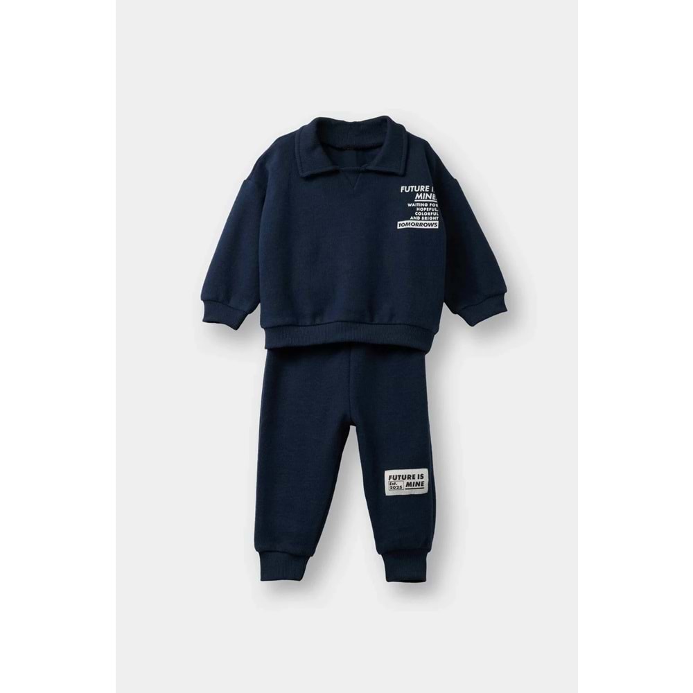 Defacto F9437A5NV71 Lacivert Erkek Bebek 2'li Takım Baskılı Selanik Kumaş Sweatshirt Eşofman Altı