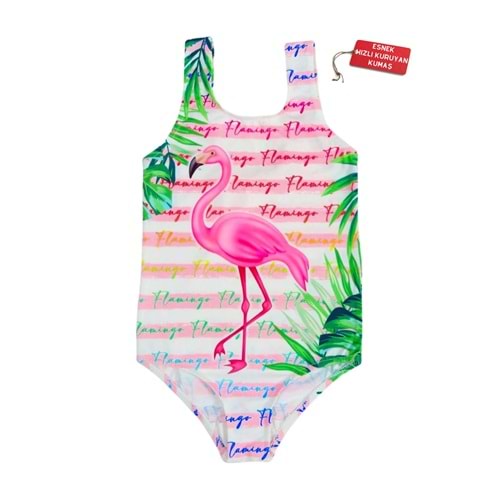 Kız Çocuk Mayo Renkli Çizgili Flamingo Desenli Rahat Hızlı Kuruyan Mayo