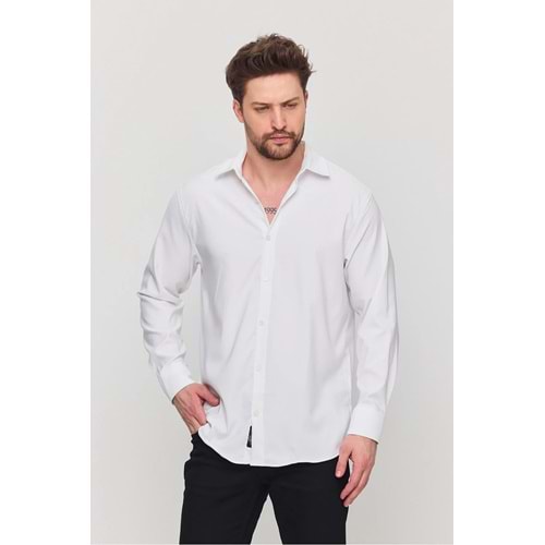 YXC Trend Maker Erkek Yazlık Gömlek Dokulu Bol Kalıp Oversize Salaş Beyaz Erkek Gömlek