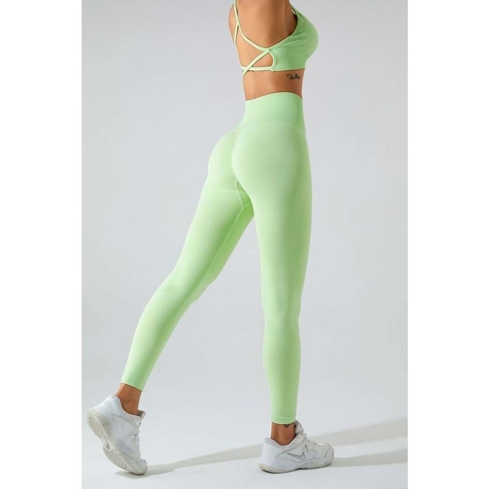 Kalçası Büzgülü Yeşil Yüksel Bel Seamless Push Up Toparlayıcı Spor Tayt