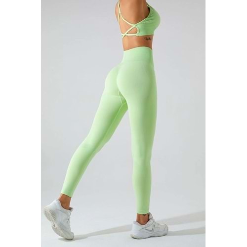 Kalçası Büzgülü Yeşil Yüksel Bel Seamless Push Up Toparlayıcı Spor Tayt