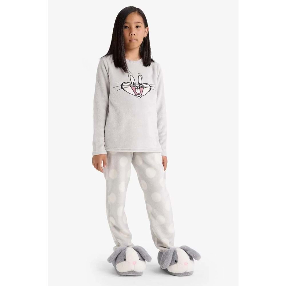 Defacto Kız Çocuk Looney Tunes Pijama Takımı Nakışlı Pelüş Uzun Kollu Üst Uzun Alt