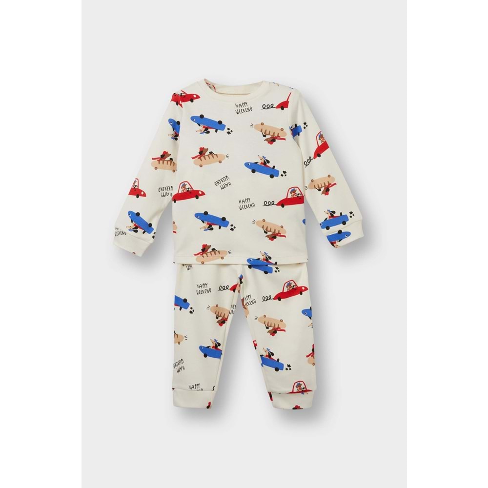 %100 Pamuklu Araç Baskılı Beli Lastikli Pijama Takımı Erkek Bebek