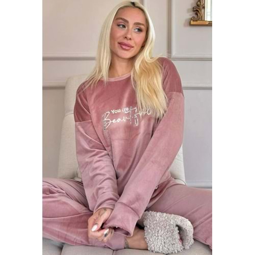 Pembe Beautiful Desenli Exclusive Kadife Kadın Pijama Takımı