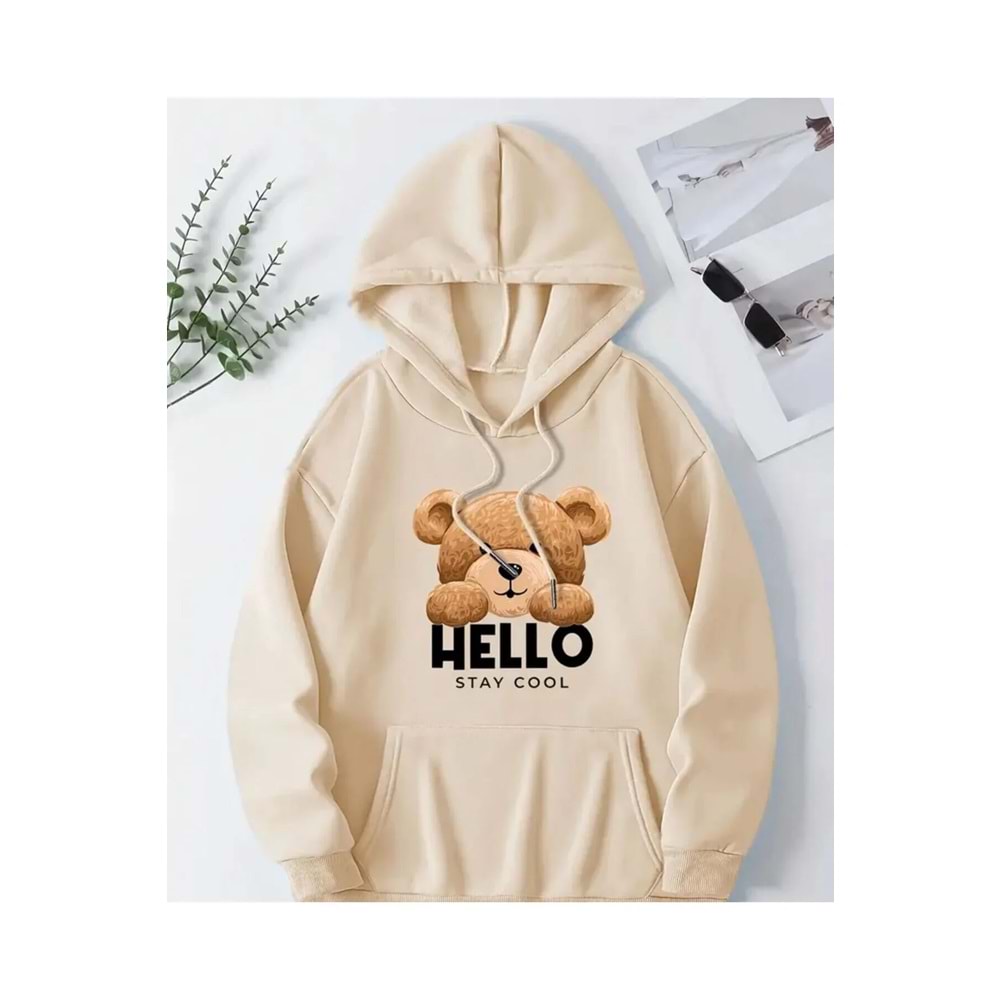 herkesemoda Hello Stay Scool Baskı Detaylı Kapüşonlu Sweatshırt Bej