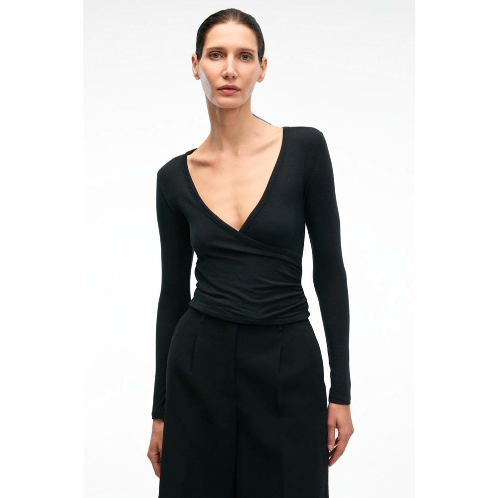 Kadın V Yakalı Uzun Kollu Slim Fit Siyah Bluz