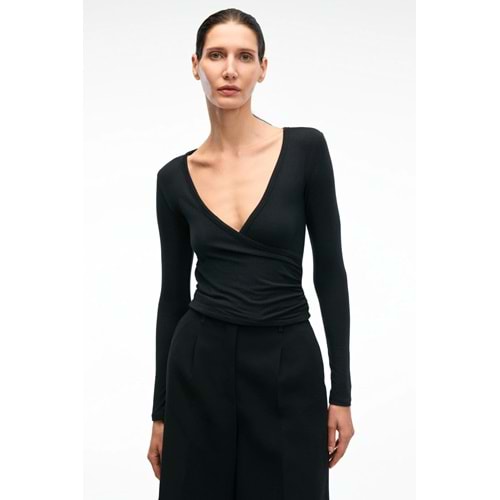 Kadın V Yakalı Uzun Kollu Slim Fit Siyah Bluz