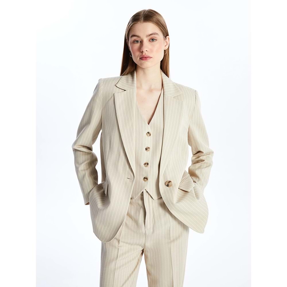 Bej Çizgili Uzun Kollu Keten Karışımlı Kadın Blazer Ceket