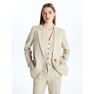 Bej Çizgili Uzun Kollu Keten Karışımlı Kadın Blazer Ceket