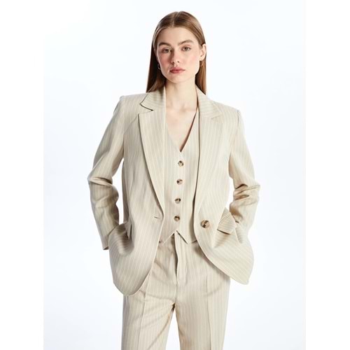 Bej Çizgili Uzun Kollu Keten Karışımlı Kadın Blazer Ceket