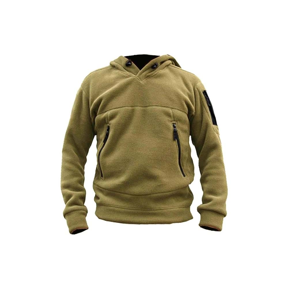 Genius Store Bej Erkek Polar Outdoor Kapüşonlu Kombat Tactical Cepli Polar
