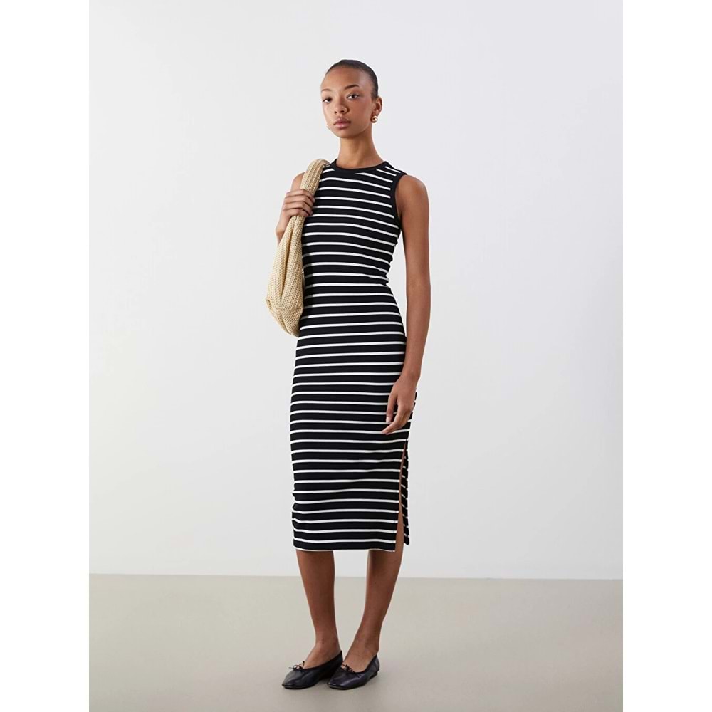 Siyah V Yaka Çizgili Bodycon Elbise