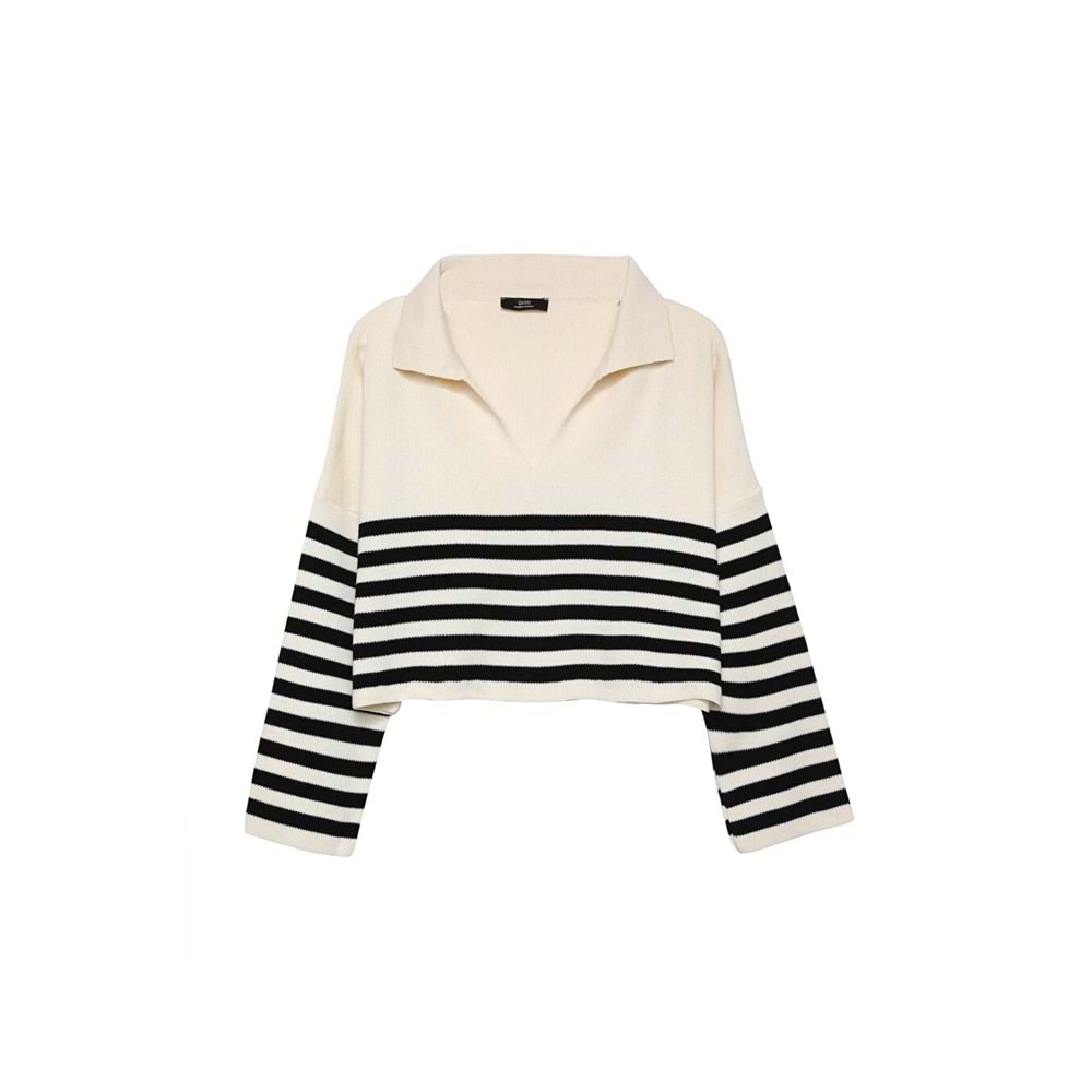 QUZU Polo Yaka Çizgili Crop Kazak Siyah