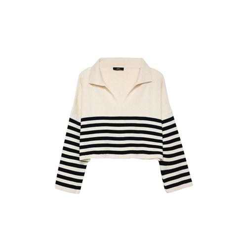QUZU Polo Yaka Çizgili Crop Kazak Siyah