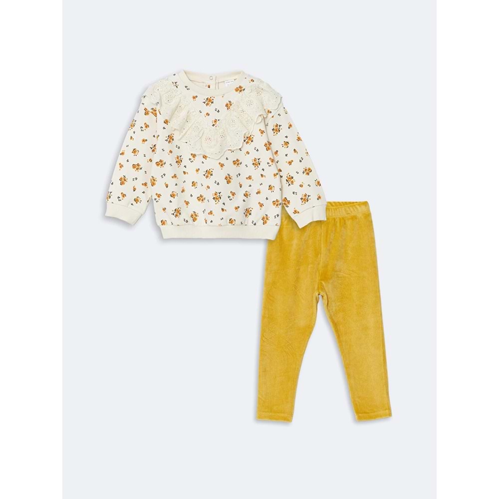 LCW baby Ekru Bisiklet Yaka Kız Bebek Sweatshirt Ve Tayt Pantolon 2'li Takım