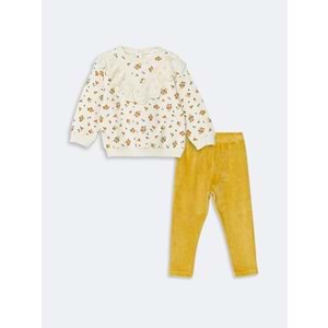 LCW baby Ekru Bisiklet Yaka Kız Bebek Sweatshirt Ve Tayt Pantolon 2'li Takım