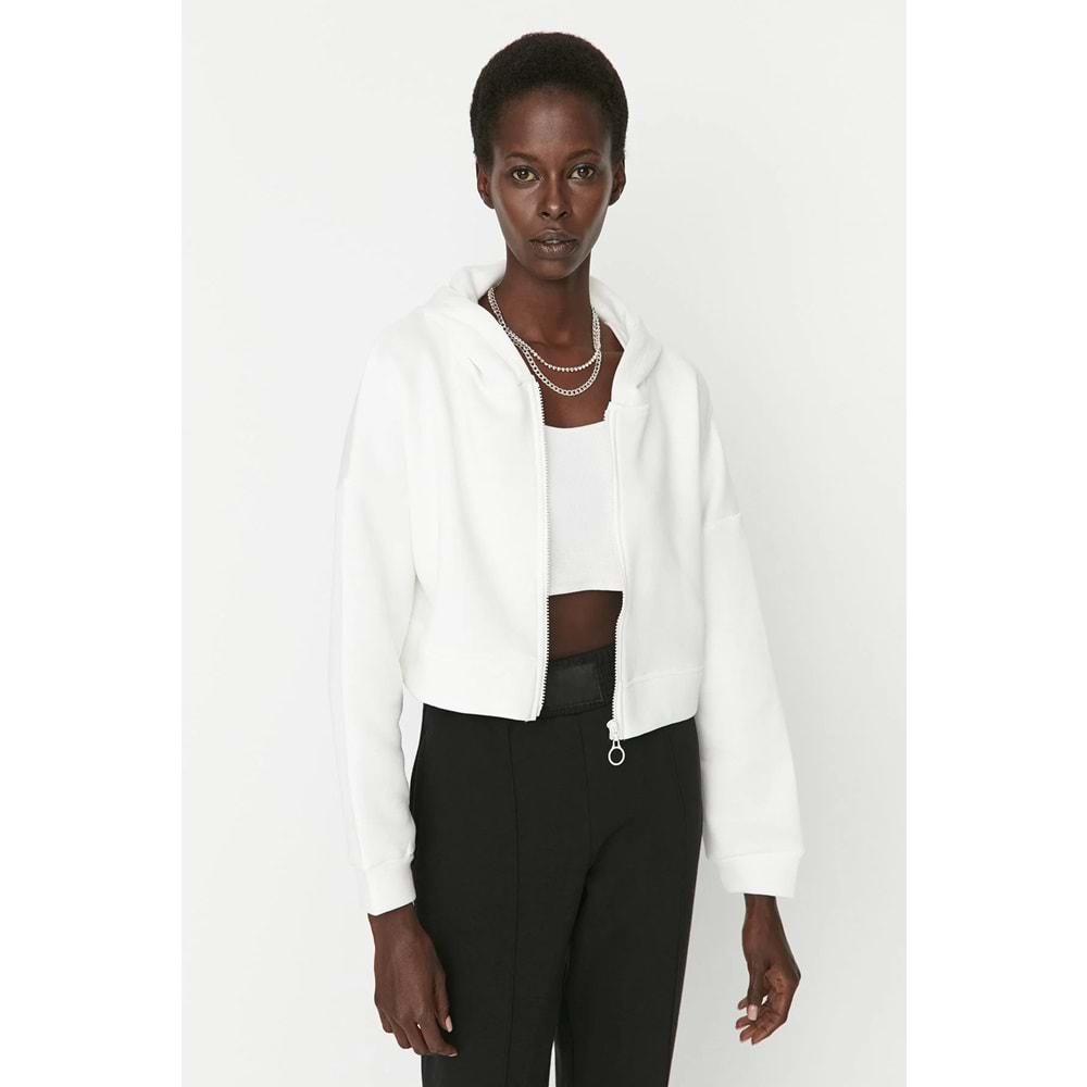 Trendyolmilla Ekru Basic Fermuarlı Kapüşonlu Crop
