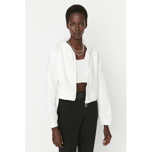 Trendyolmilla Ekru Basic Fermuarlı Kapüşonlu Crop