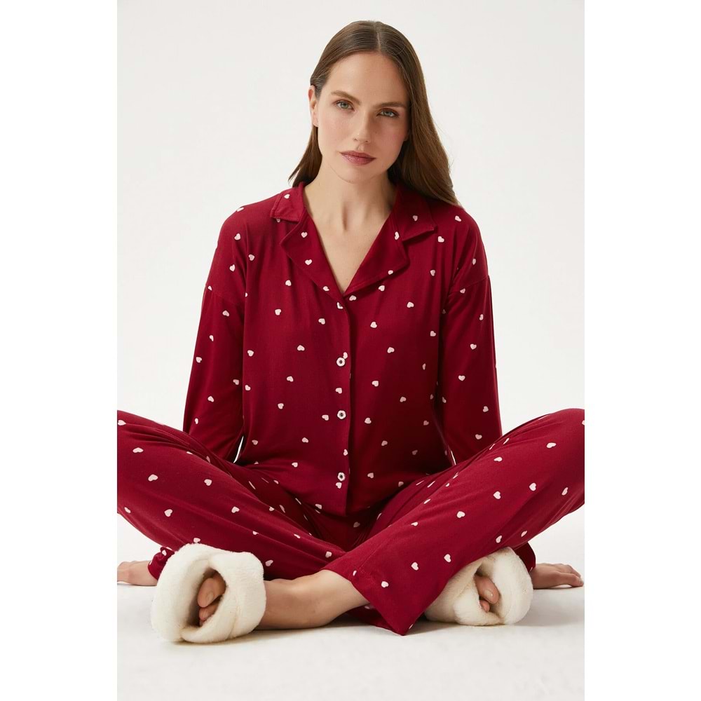 Kadın Sweety Extra Soft Bordo Kalpli Pijama Takımı