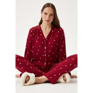 Kadın Sweety Extra Soft Bordo Kalpli Pijama Takımı