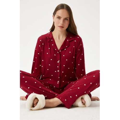 Kadın Sweety Extra Soft Bordo Kalpli Pijama Takımı