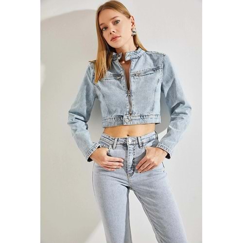 Mavi Kadın Hakim Yaka Cepleri Fermuarlı Denim Ceket