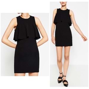 Zara Siyah Kolsuz, Vücut Konforlu Mini Elbise Üst Fırfırlı