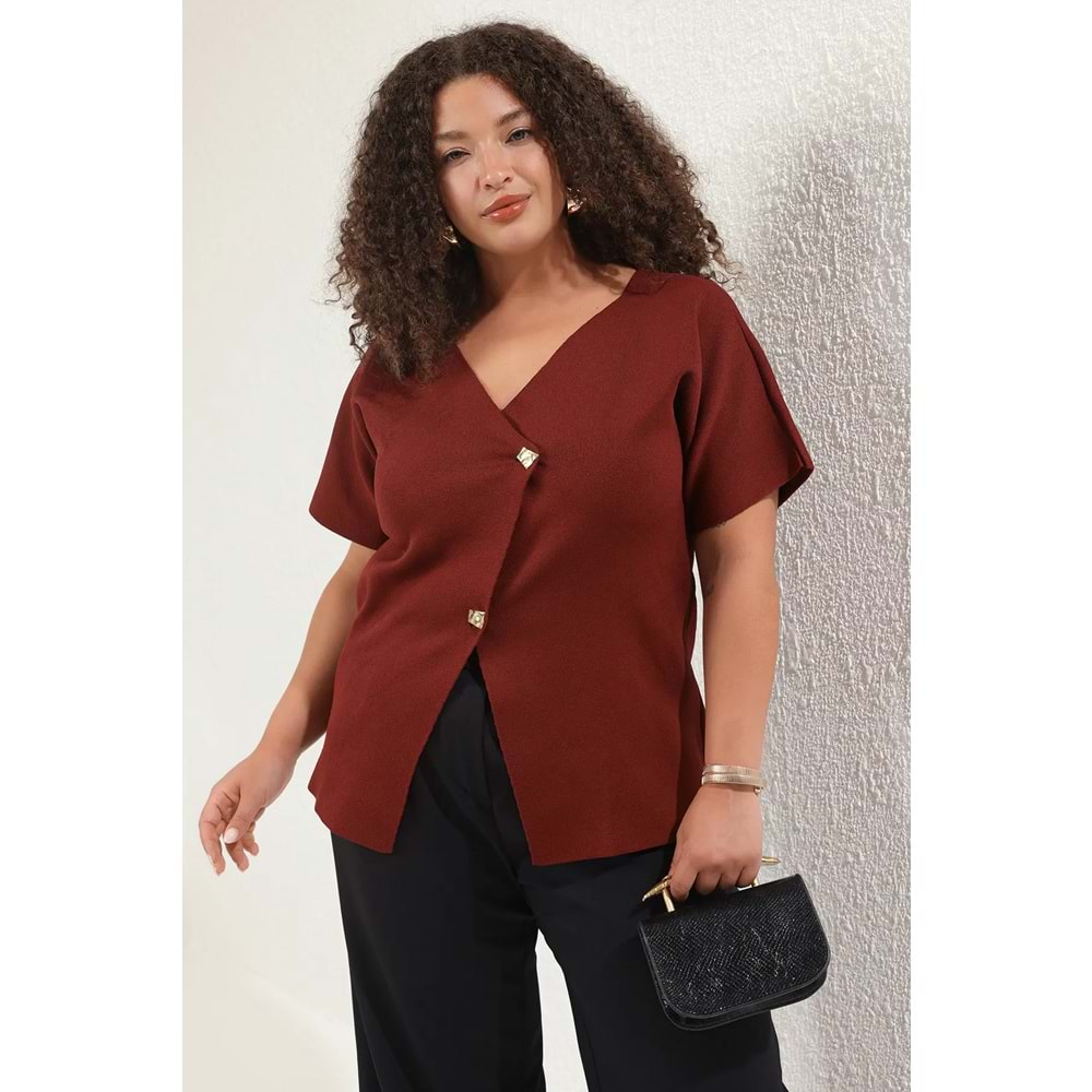 Trendyolmilla Curve Bordo Düğmeli Asimetrik Kapamalı Triko Bluz