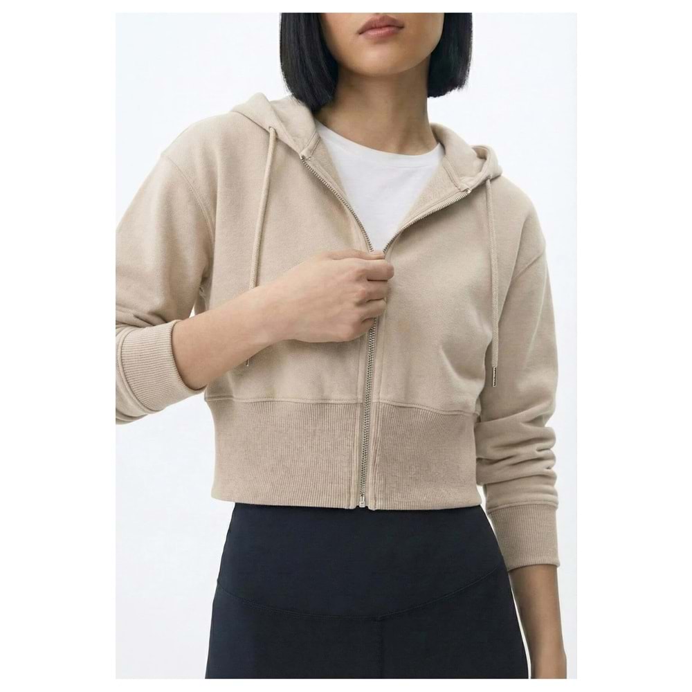 Kadın Bej Kapüşonlu Fermuarlı Sweatshirt