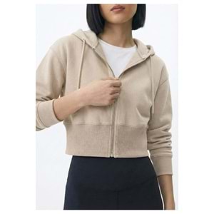 Kadın Bej Kapüşonlu Fermuarlı Sweatshirt