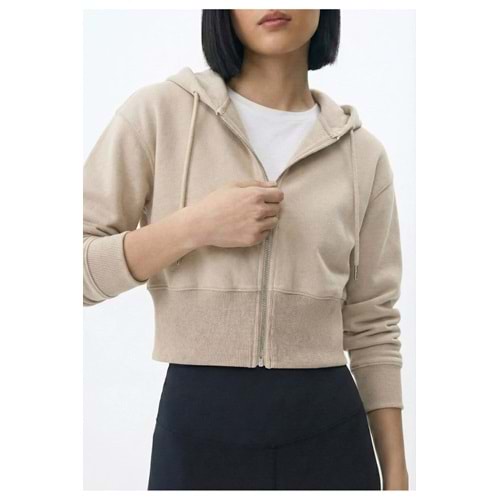 Kadın Bej Kapüşonlu Fermuarlı Sweatshirt