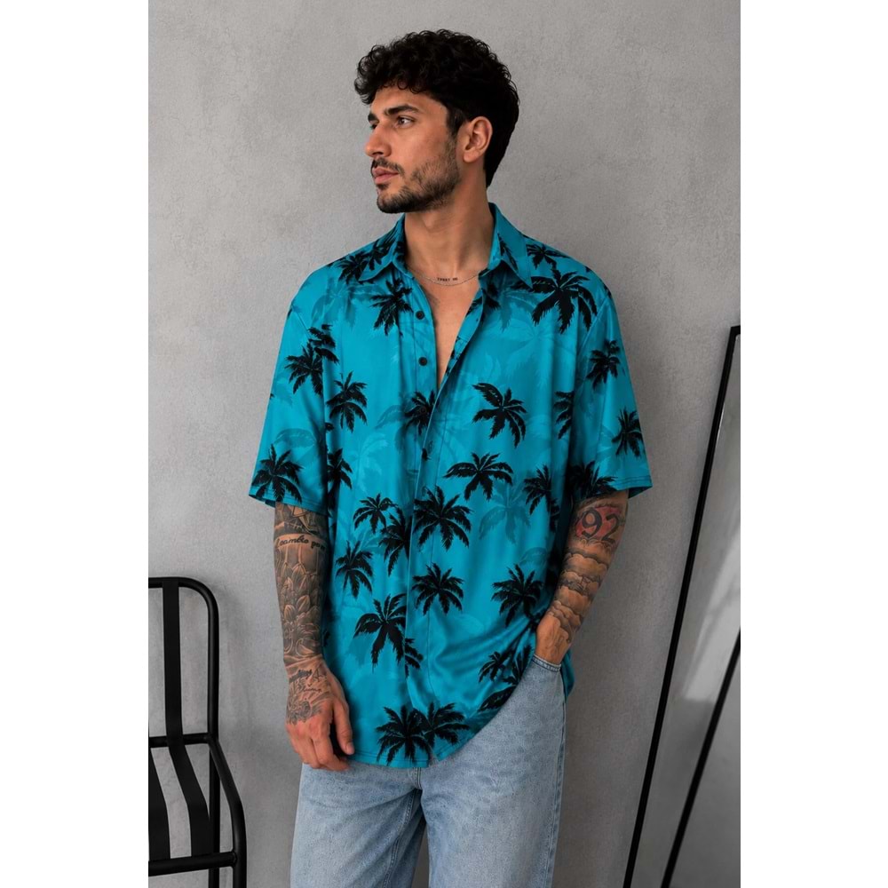 Palmiye Desenli Oversize Unisex Gömlek
