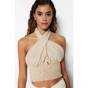 Trendyolmilla Çizgili Crop Örme Çapraz Bağlamalı Gofre Plaj Bluz