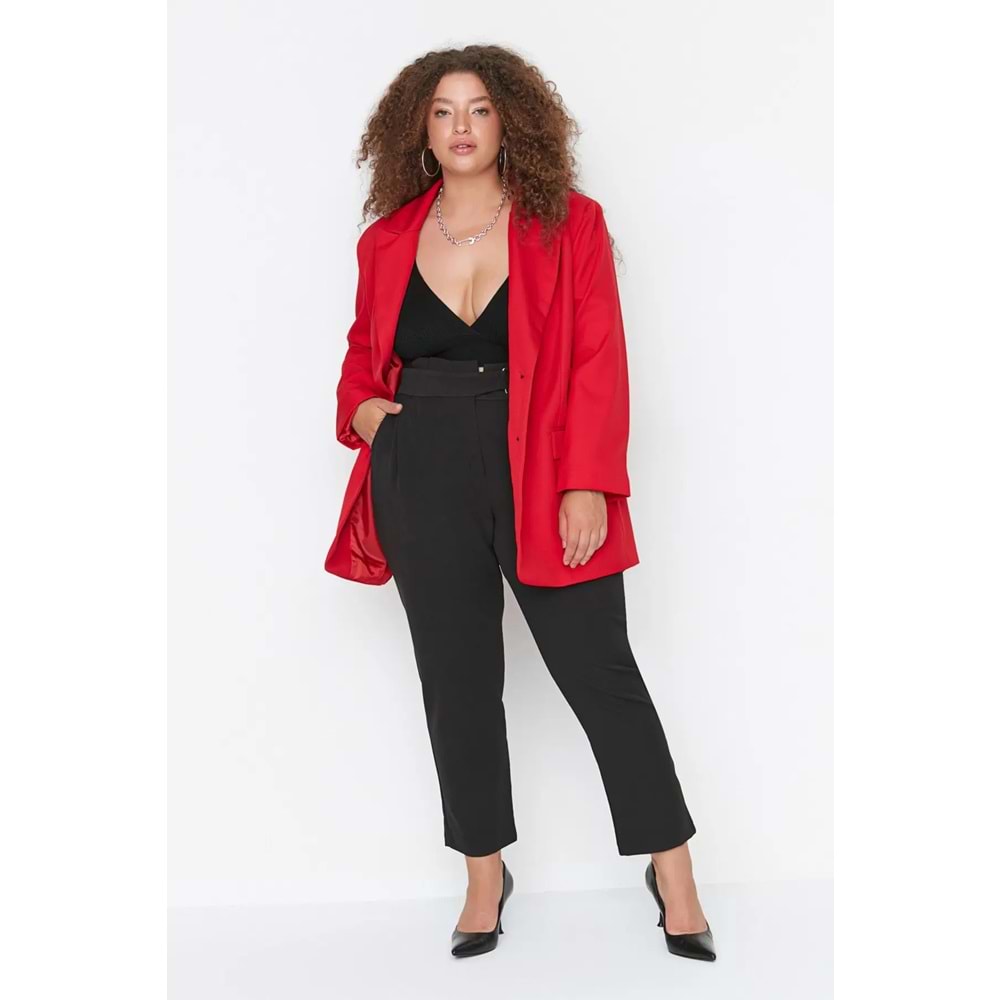 Trendyolmilla Curve Siyah Beli Ayarlanabilir Kemerli Dokuma Cigarette Büyük Beden Kumaş Pantolon TBBAW23AR00014