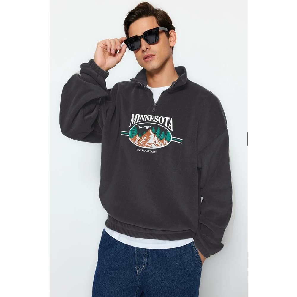 Trendyolmilla Man Antrasit Unisex Oversize/Geniş Kesim Dik Yaka Anti-pilling Polar Sweatshirt